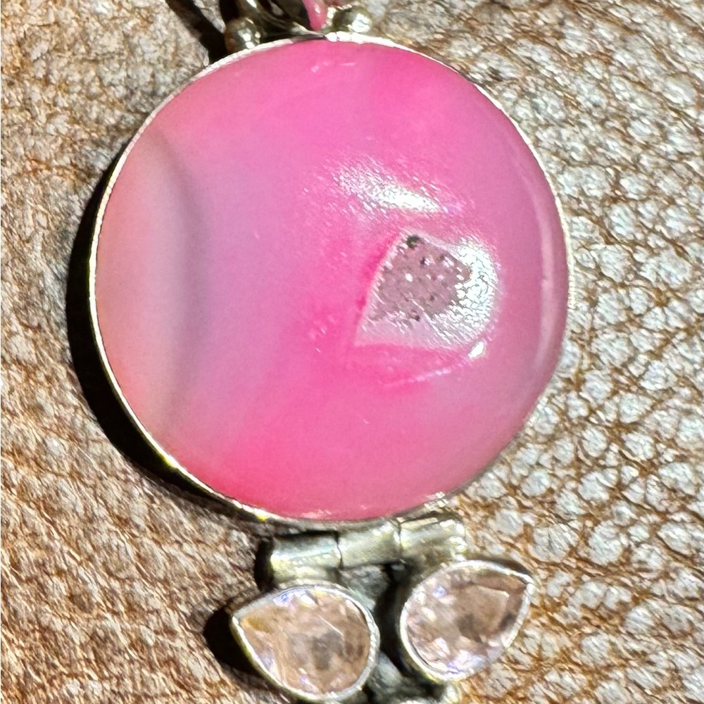 π Vintage Sterling Silver Pink Druzy Agate & Rose Quartz Pendant - Picture 12 of 12